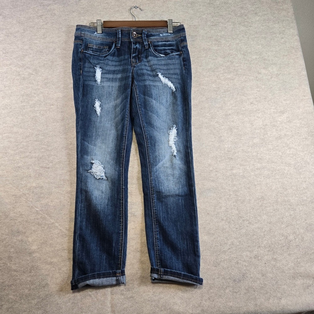 Dollhouse Womens Distressed Roll Up Skinny Capri Jeans Dark Wash Blue Size 5